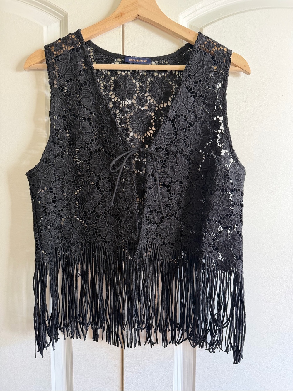 Skies Are Blue Black Floral Fringe Tie Crop Vest Top Concert Biker Sexy Date
